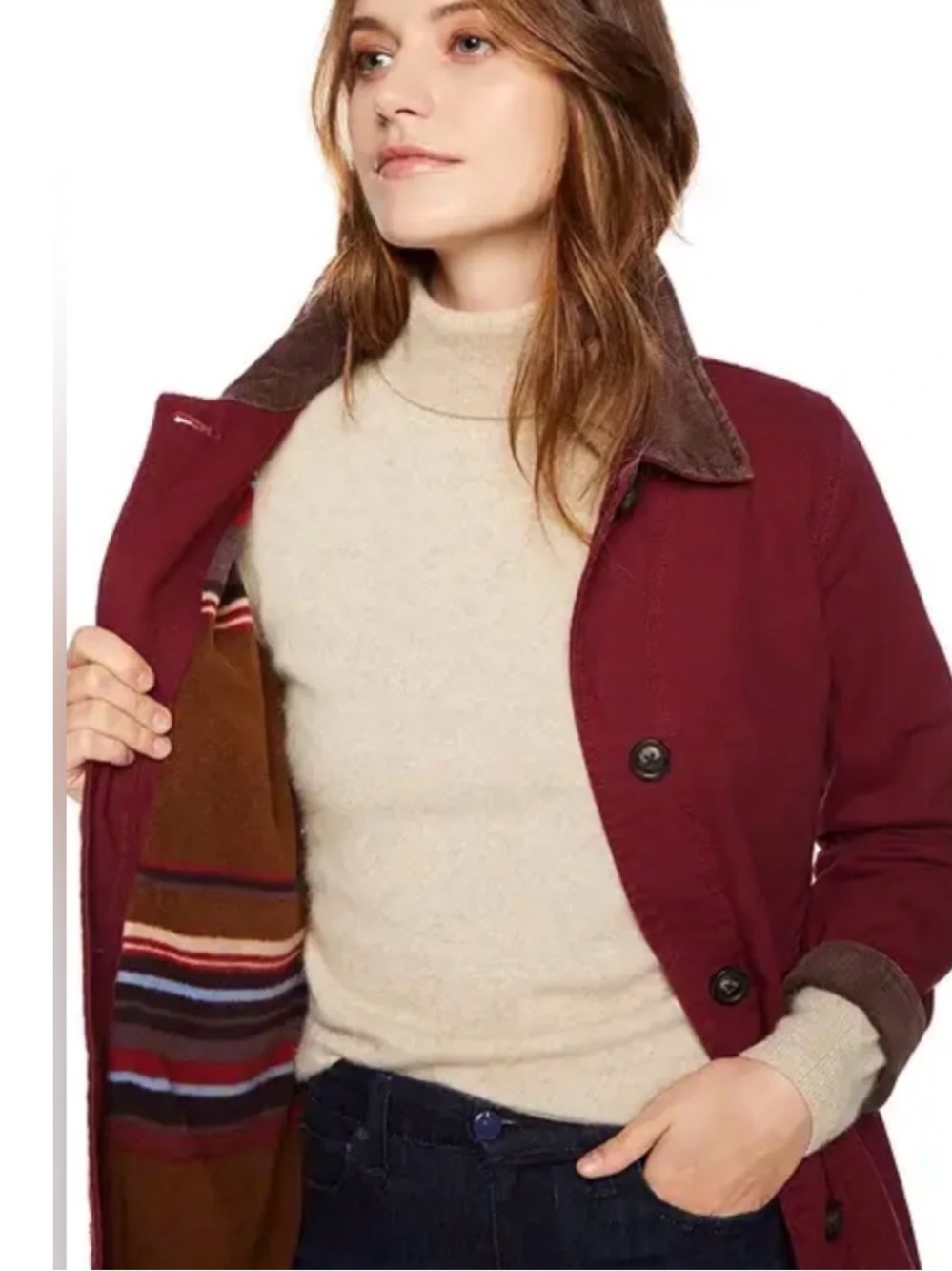Woolrich Burgundy Trench Coat with Brown Corduroy Collar